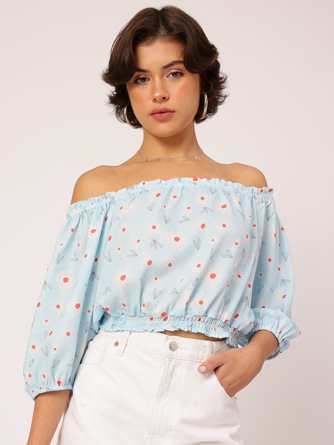 DressBerry Daisy Dreams Printed Off-Shoulder Blouson Crop Top