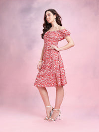 DressBerry Floral Printed Off-Shoulder Puff Sleeve Empire Dress with Slit Detail