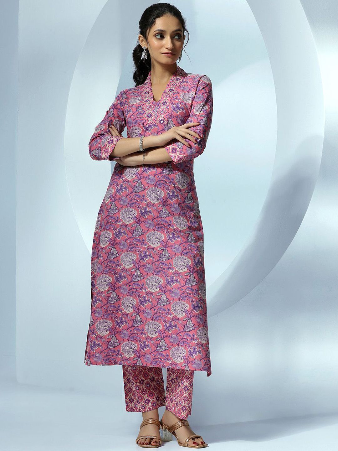 Libas Women Ethnic Motifs Printed Regular Beads and Stones Pure Cotton Kurta with Trousers