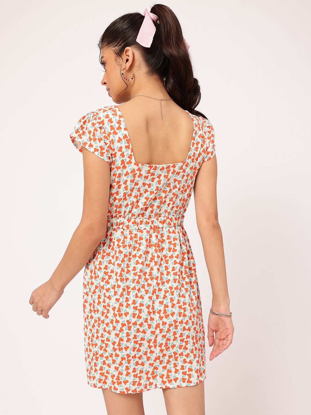 DressBerry Floral Printed Puff Sleeves Seersucker A-Line Dress