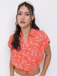 DressBerry Charming Bright Floral Printed Waist Tie Up Crop Top
