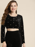 Shae by SASSAFRAS Black & Gold-Toned Embroidered Velvet Regular Crop Top