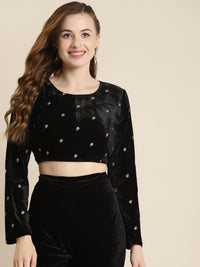 Shae by SASSAFRAS Black & Gold-Toned Embroidered Velvet Regular Crop Top