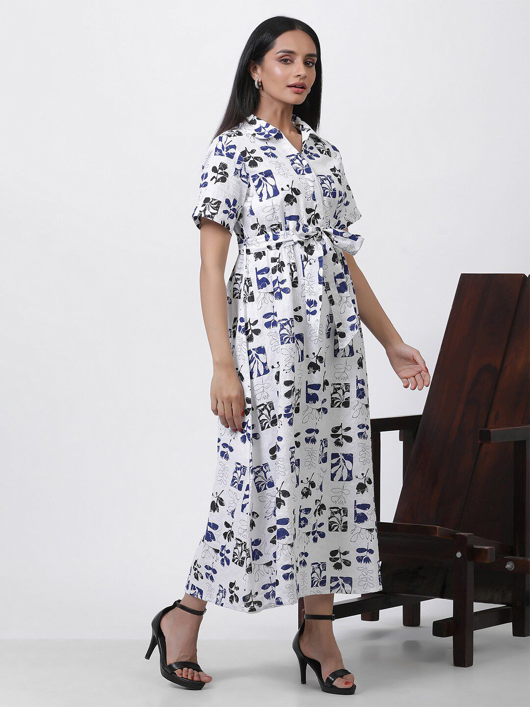 W Floral Printed Shirt Collar Short Sleeves Maxi Shirt Dress