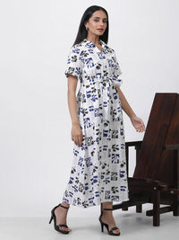 W Floral Printed Shirt Collar Short Sleeves Maxi Shirt Dress
