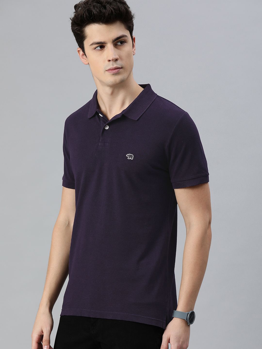THE BEAR HOUSE Men Purple Solid Polo Collar Pure Cotton T-shirt