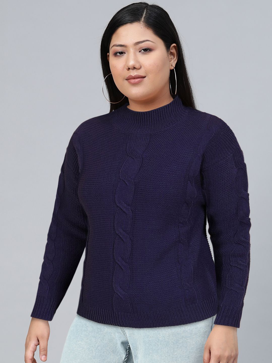 Tokyo Talkies Navy Blue Cable Knit Self Design High Neck Acrylic Pullover Sweater