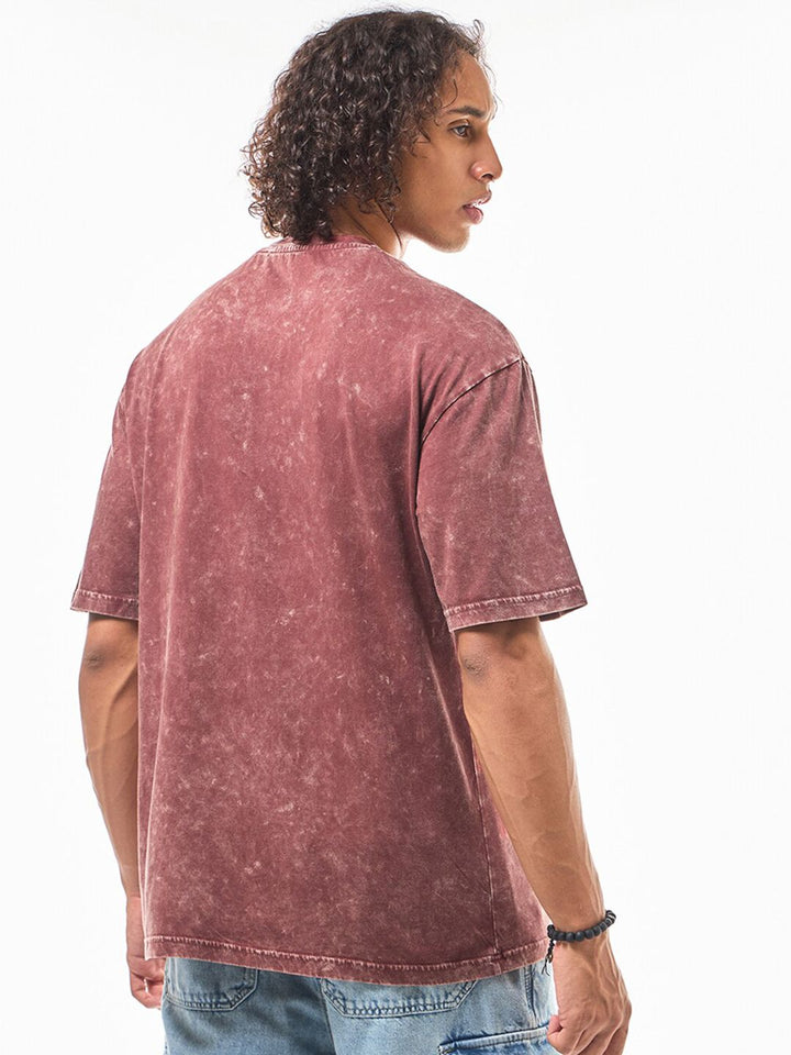 Bewakoof Red Oversized Cotton Acid Wash T-shirt