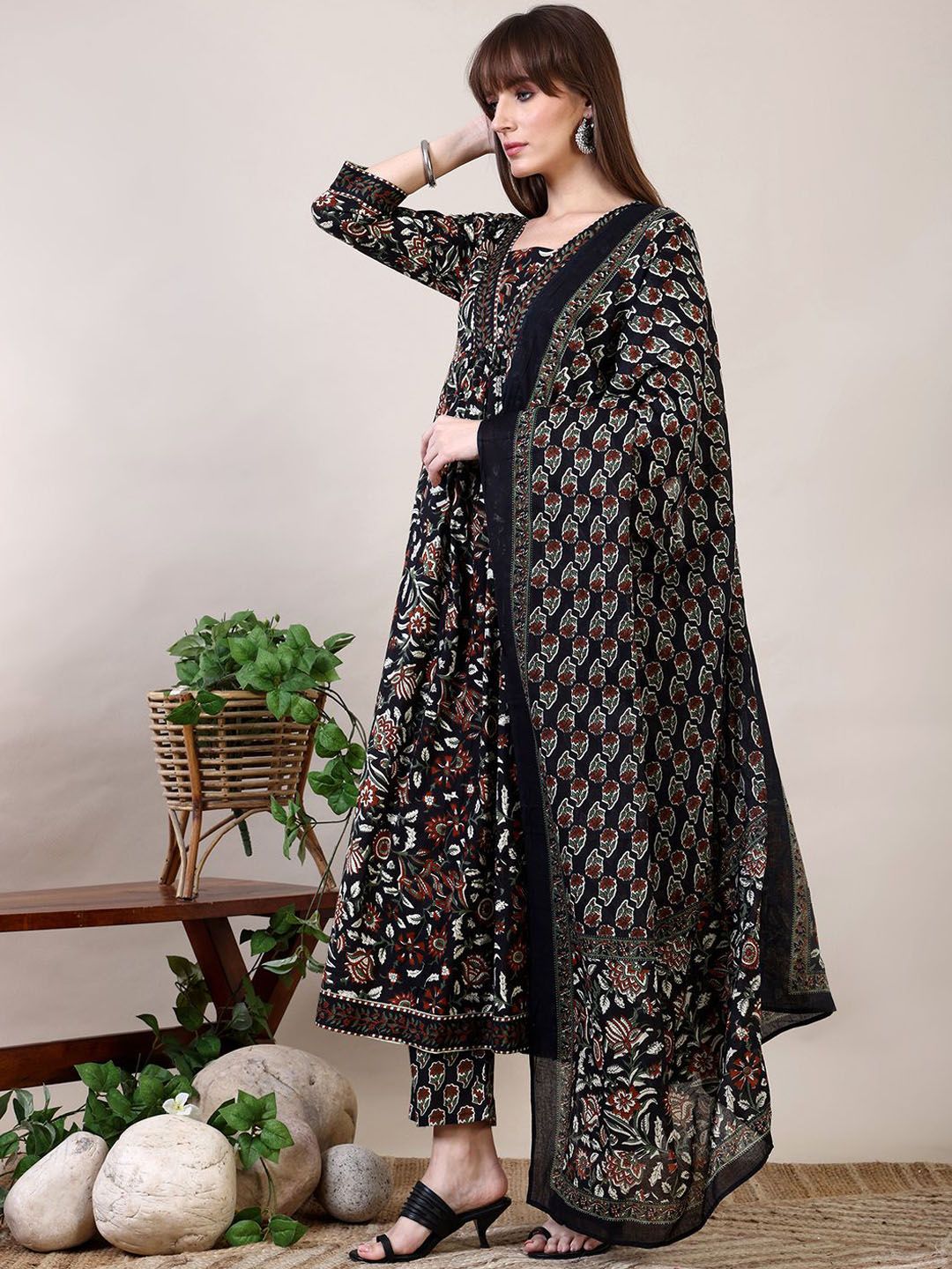 KALINI Floral Printed Empire Mirror Work Kurta with Trouser & Dupatta