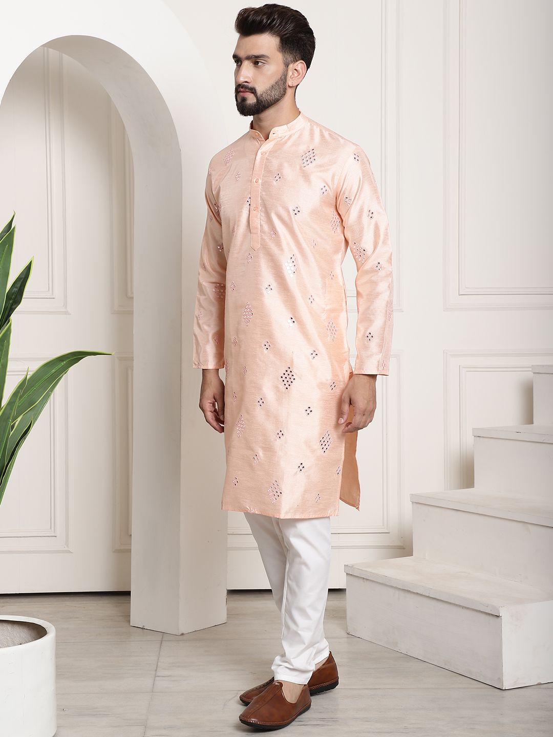 SOJANYA Mandarin Collar Regular Mirror Work Kurta with Pyjamas