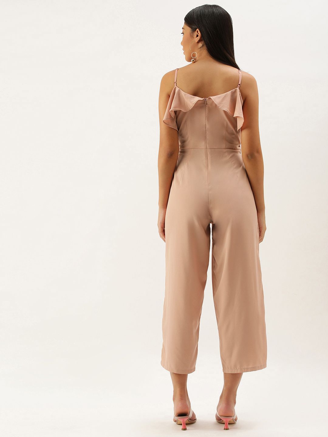 Berrylush Women Coral Pink Solid Ruffled Basic Jumpsuit