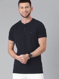 THE BEAR HOUSE Men Navy Blue Solid Henley Neck Pure Cotton T-shirt