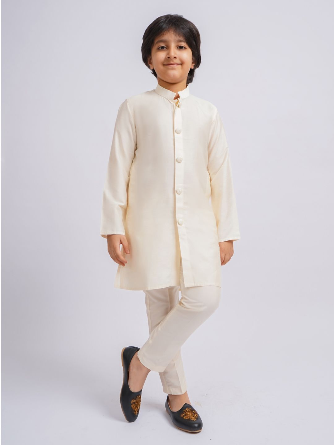 VASTRAMAY Boys Mirror Work Cotton Sherwani Over Kurta Pyjama