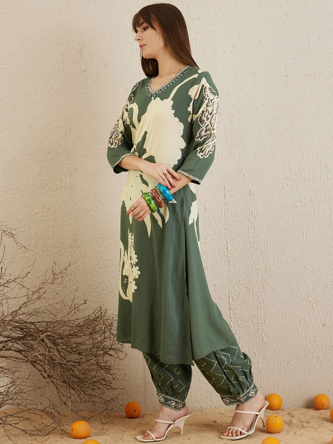 Indo Era Floral Printed V-Neck Sequinned Straight Kurta with Salwar