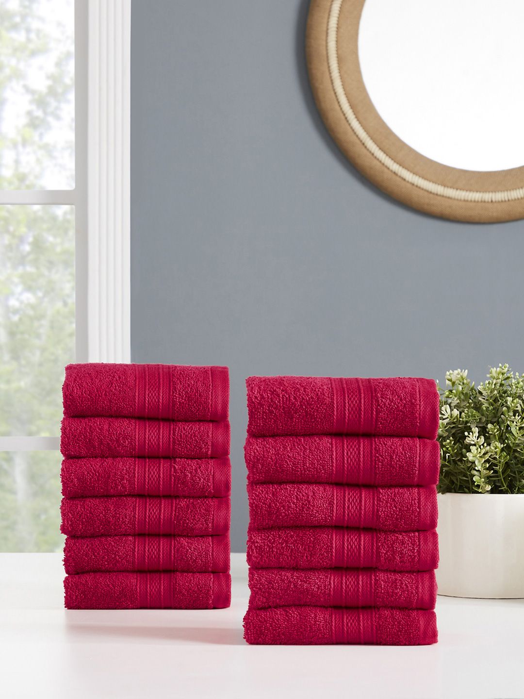MYTRIDENT Red Set Of 12 500 GSM Pure Cotton Face Towels