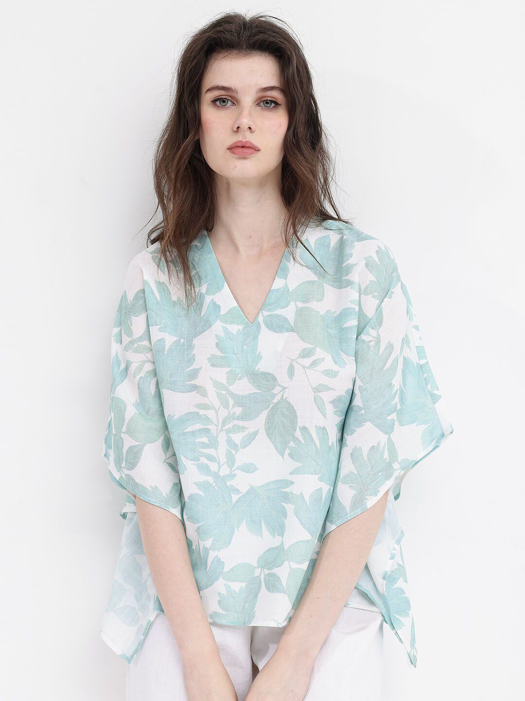 RAREISM Floral Print Flared Sleeve Linen Kaftan Top