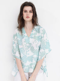 RAREISM Floral Print Flared Sleeve Linen Kaftan Top