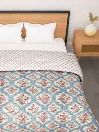 Story@home Cream-Coloured Blue Floral Ac Room 180GSM Reversible Double Bed Comforter