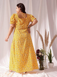 CURVY STREET Yellow Floral Printed Flared Puff Sleevese Fit & Flare Dress