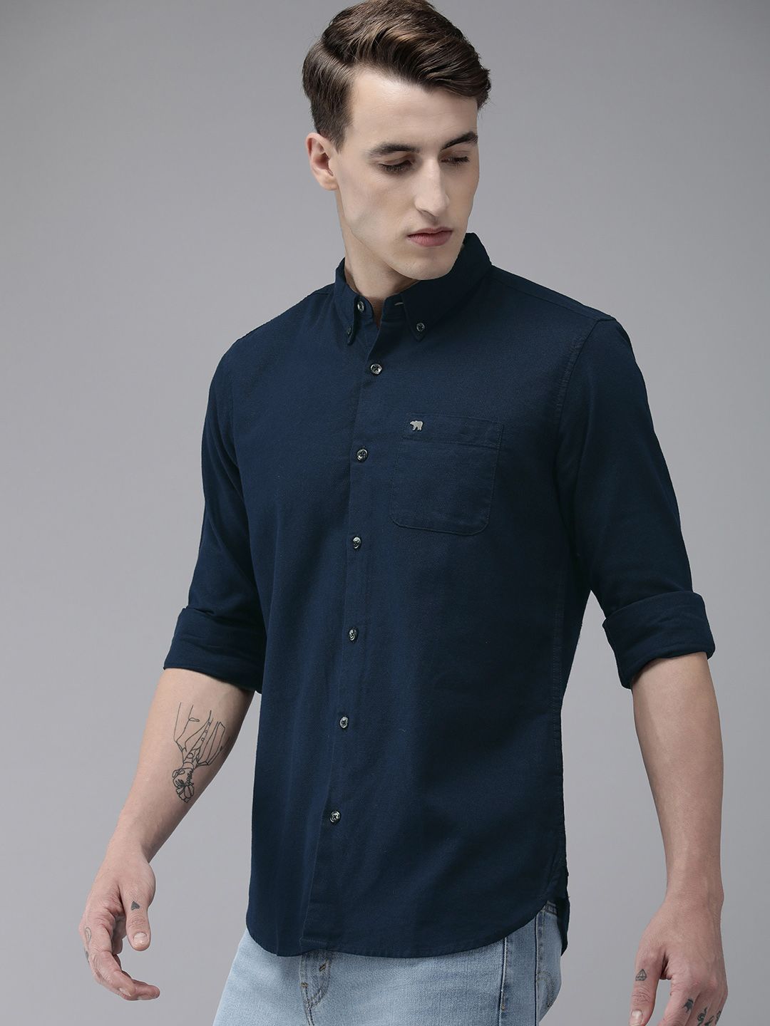 THE BEAR HOUSE Men Navy Blue Slim Fit Casual Shirt