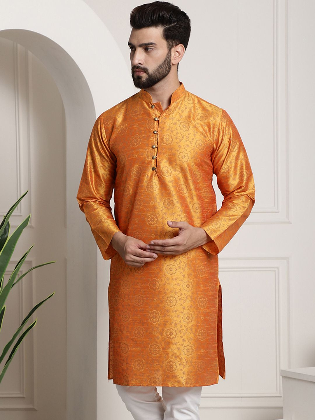 SOJANYA Men Orange & Brown Ethnic Motifs Printed Kurta