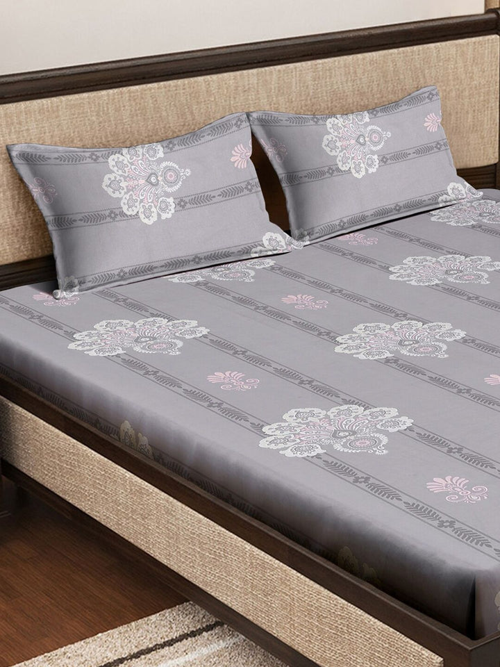 KLOTTHE Grey Printed 400 TC Pure Cotton Double King Bedsheet With 2 Pillow Covers