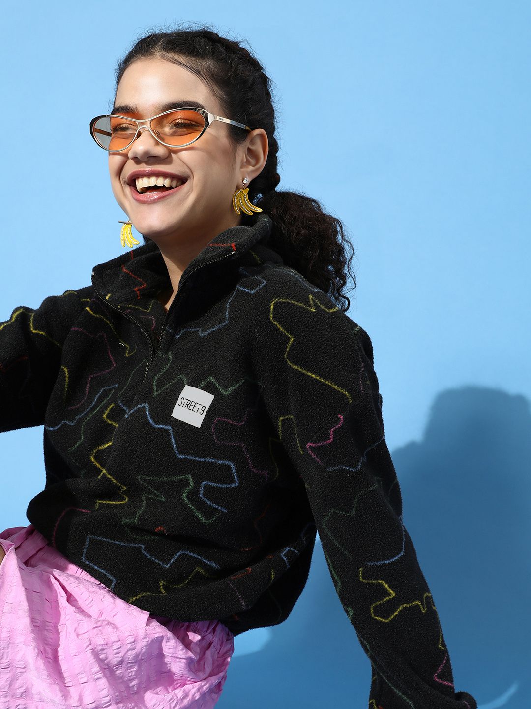 STREET 9 Women Black Abstract Quirky Outerwear Sweatshirt
