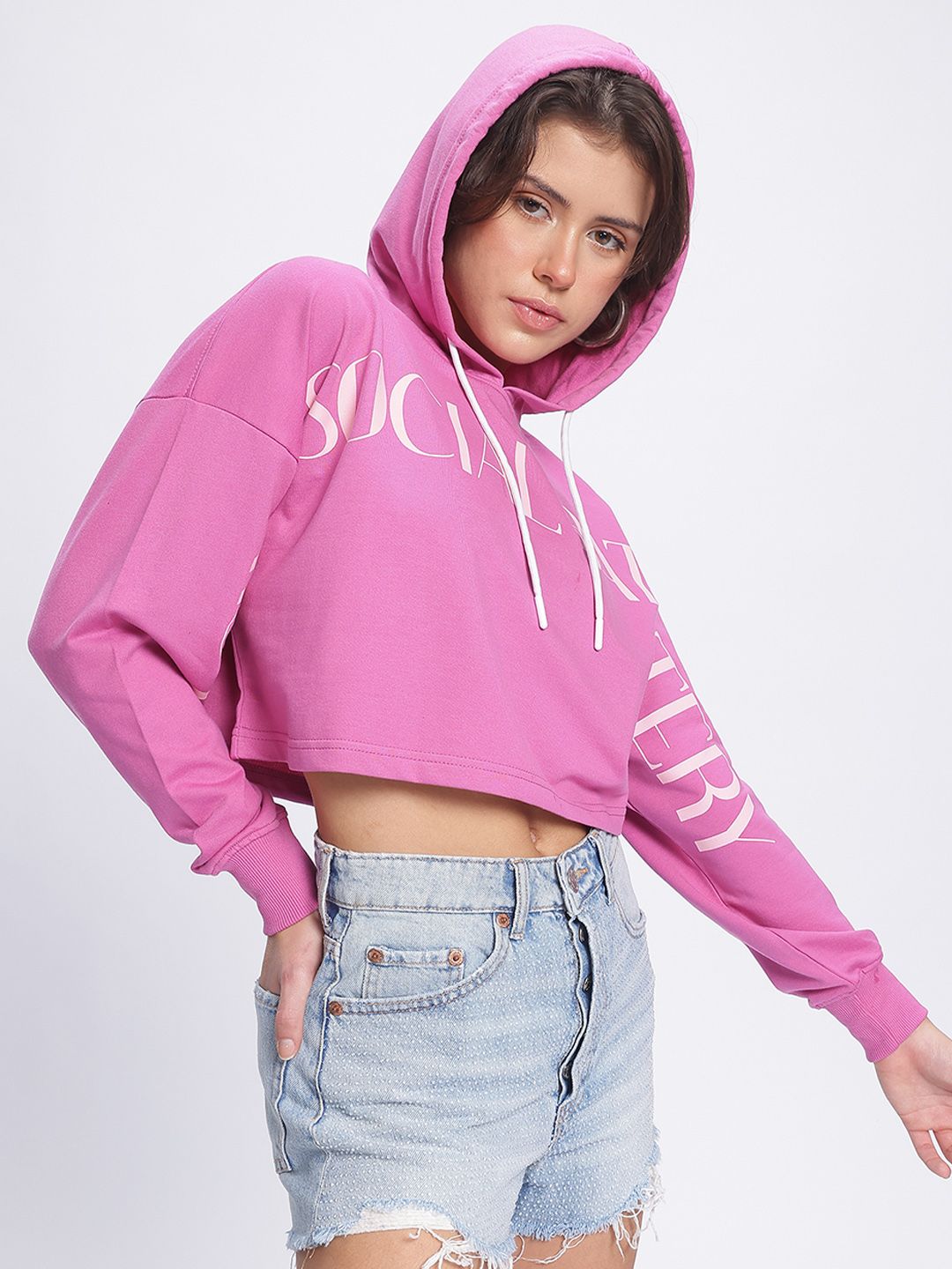 DressBerry Printed Cropped Boxy Hooded Sweatshirt