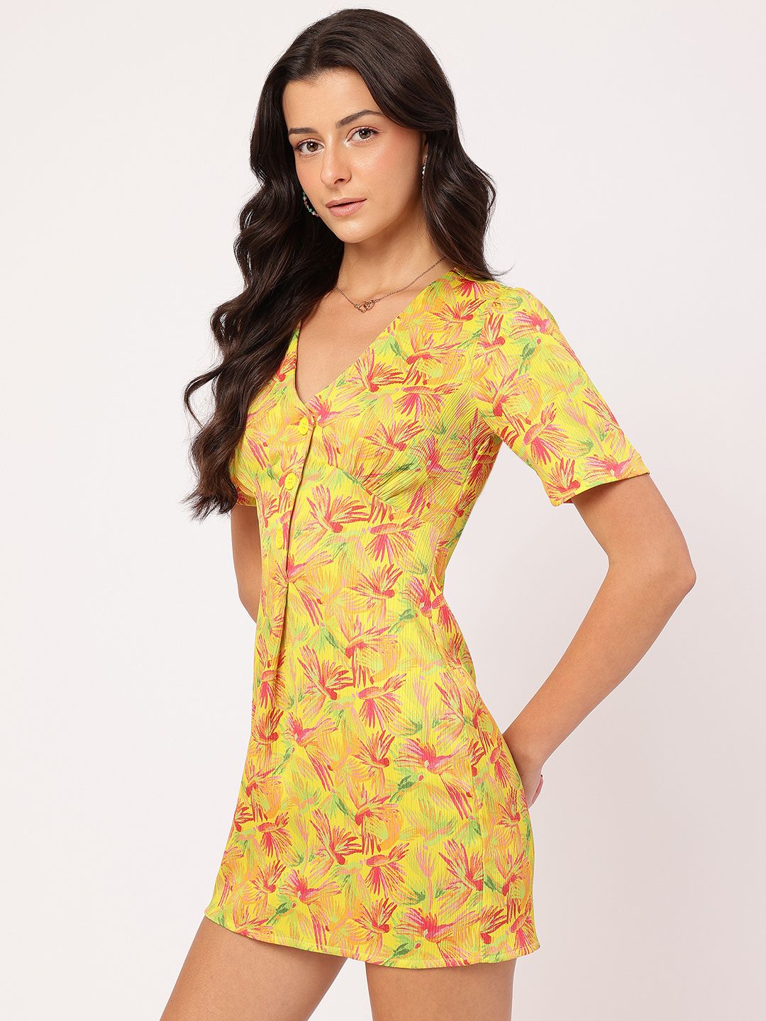 DressBerry Floral Frenzy Pleated Textured Mini Dress