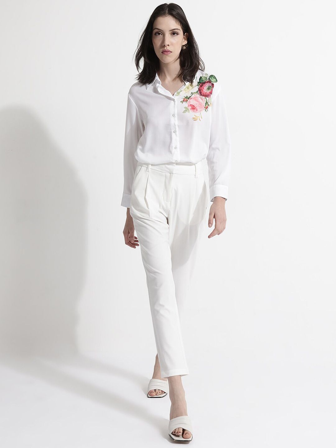 RAREISM Women Comfort Tapered Fit High-Rise Pleated Cotton Peg Formal Trousers