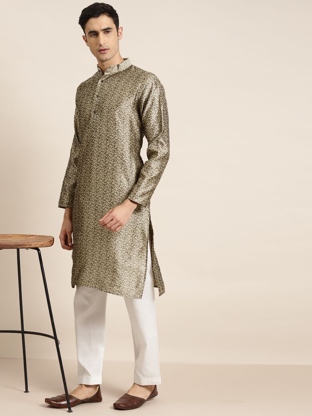 SOJANYA Men Beige Woven Design Jacquard Silk Straight Kurta