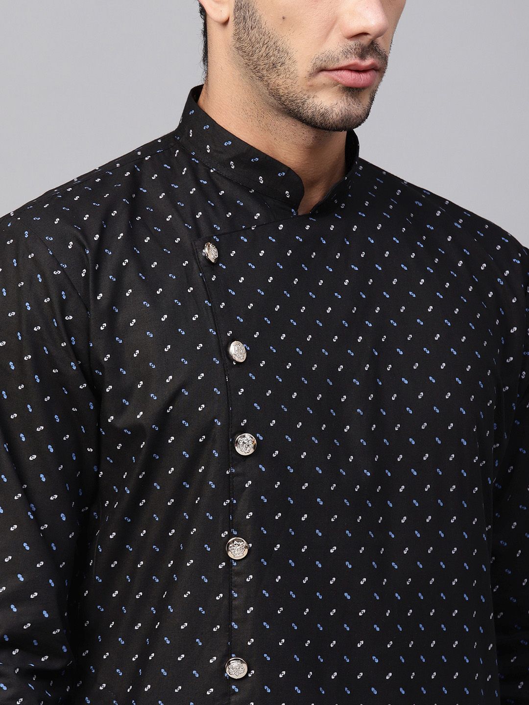 SOJANYA Men Black Printed Asymmetric Straight Kurta