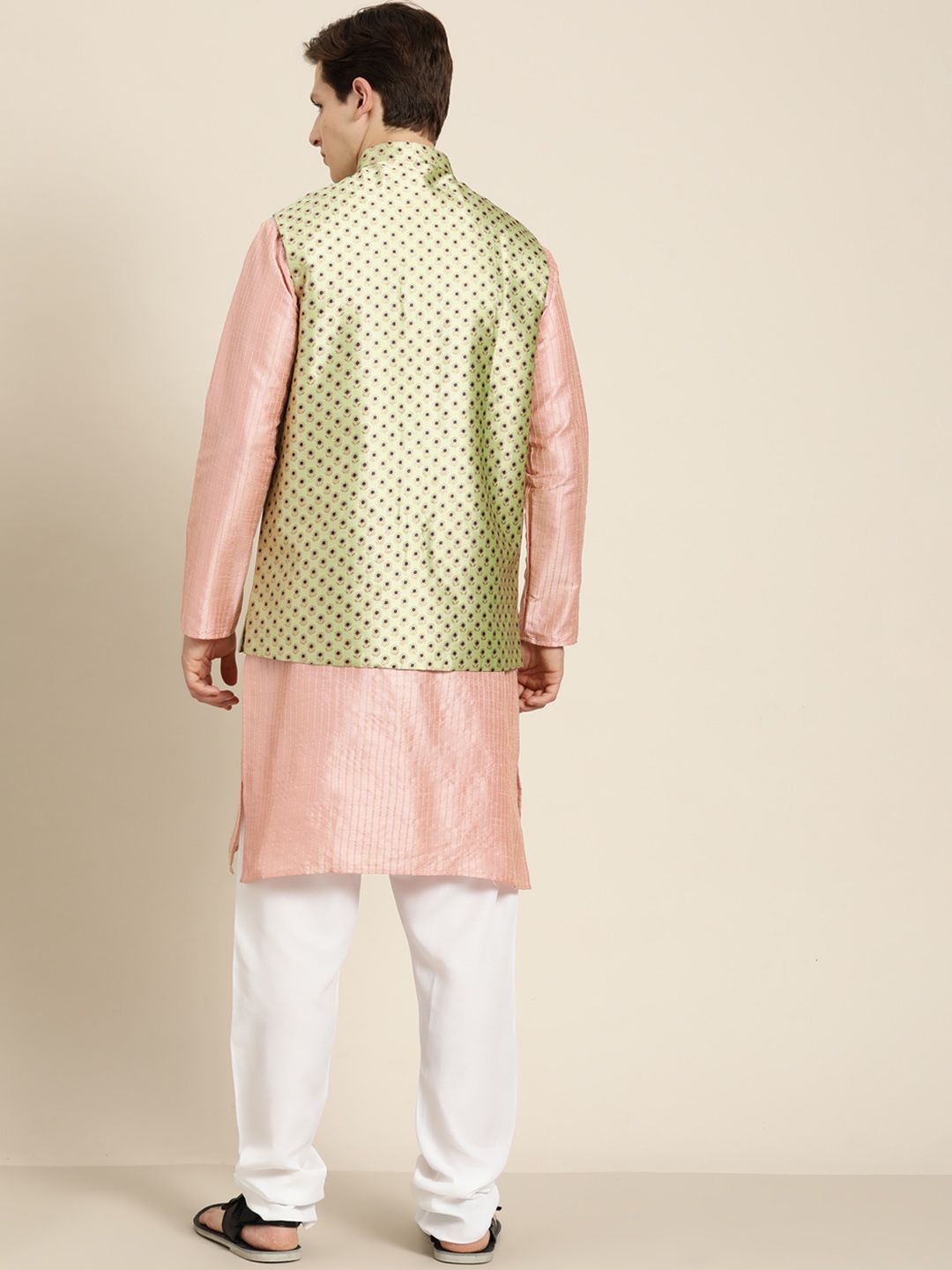 SOJANYA Men Pink Striped Kurta with Pyjamas  & Nehru Jacket