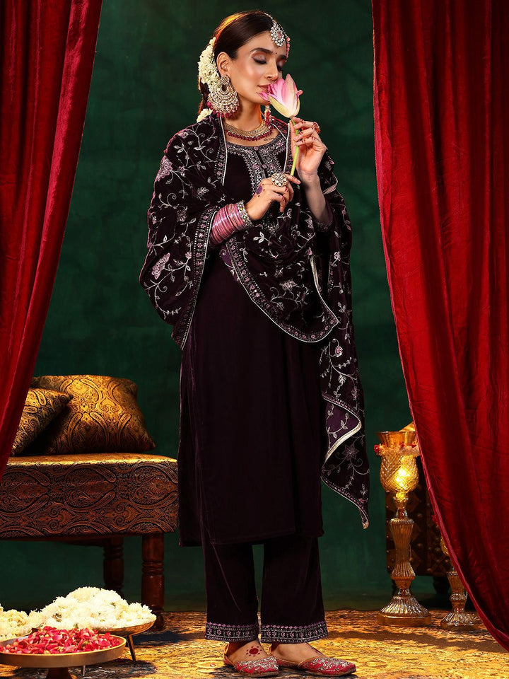 Libas Floral Yoke Design Sequinned Velvet Straight Kurta with Trousers & With Dupatta