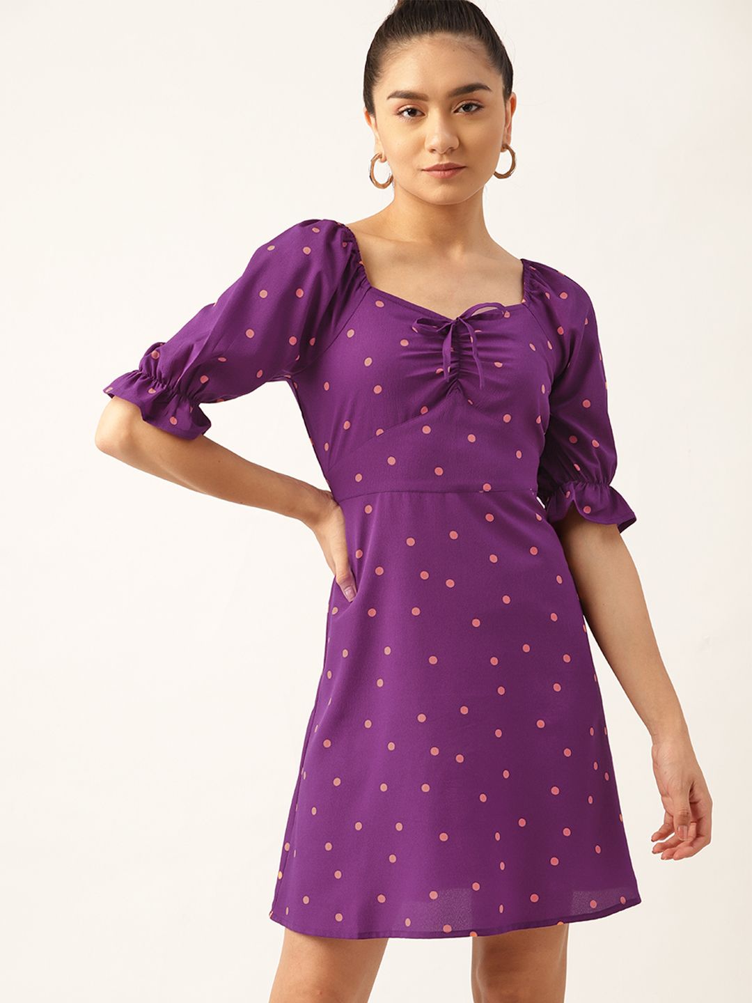 DressBerry Purple & Orange Polka Dots Printed A-Line Dress