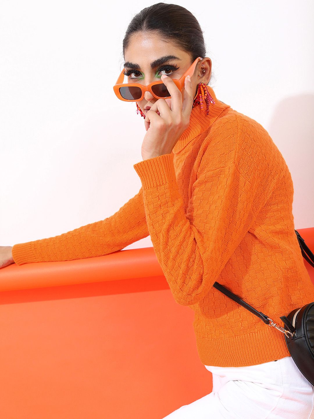 Tokyo Talkies Women Orange Self Design Pullover