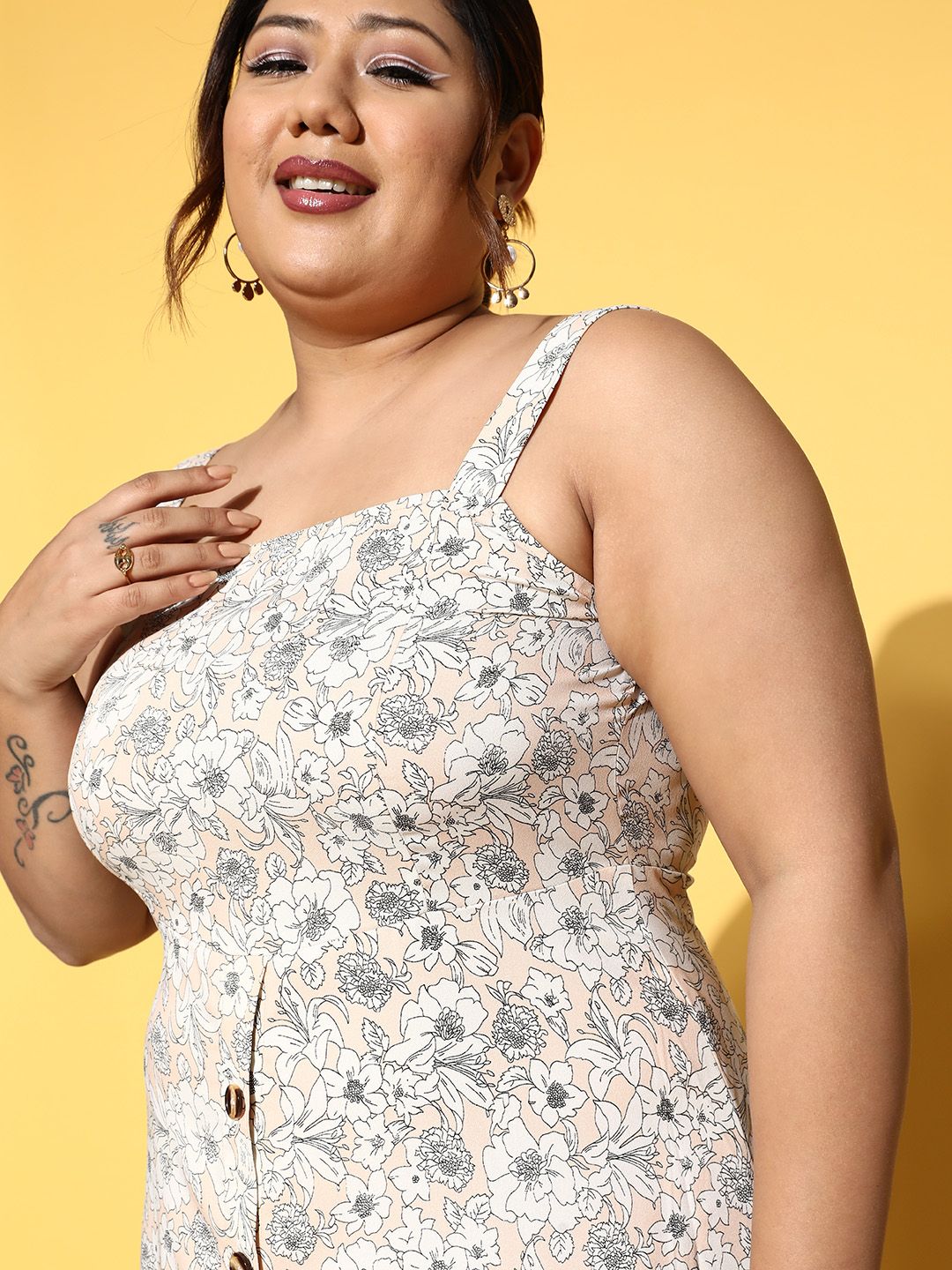 Berrylush Curve Beige & Black Floral Crepe A-line Midi Dress