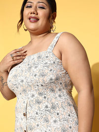 Berrylush Curve Beige & Black Floral Crepe A-line Midi Dress