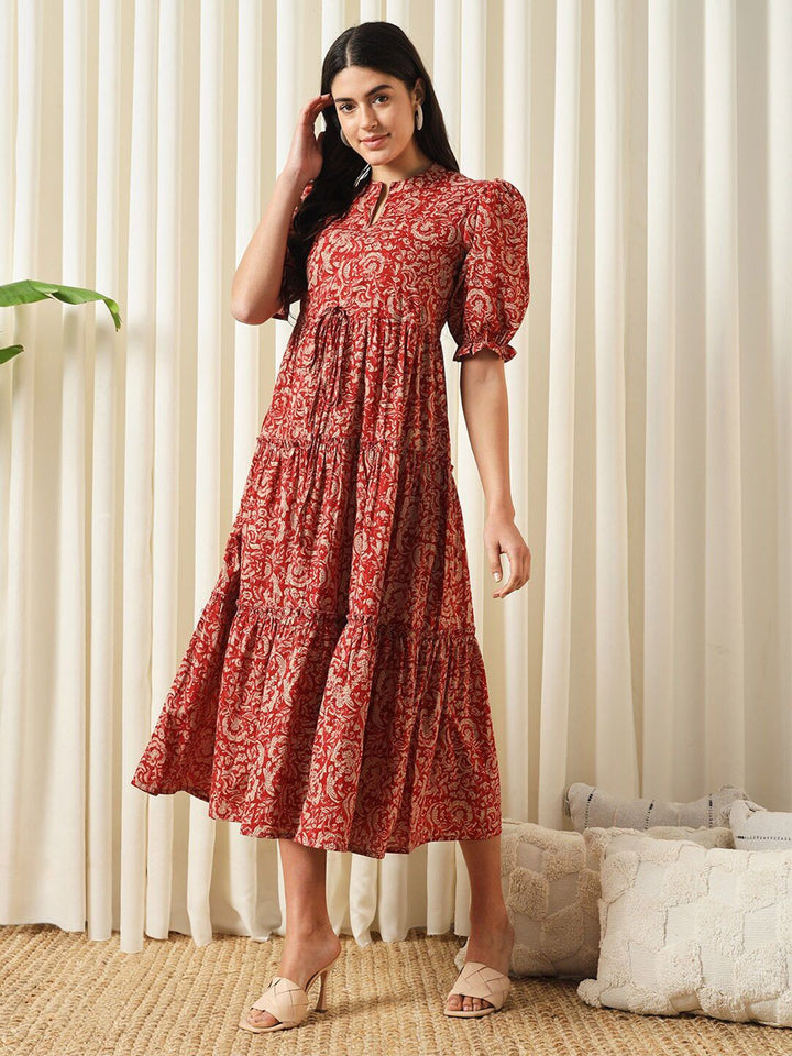 Kalini Floral Printed Mandarin Collar Puff lengan baju dan pakaian suar