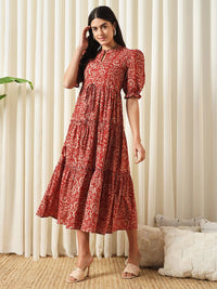 Kalini Floral Printed Mandarin Collar Puff lengan baju dan pakaian suar