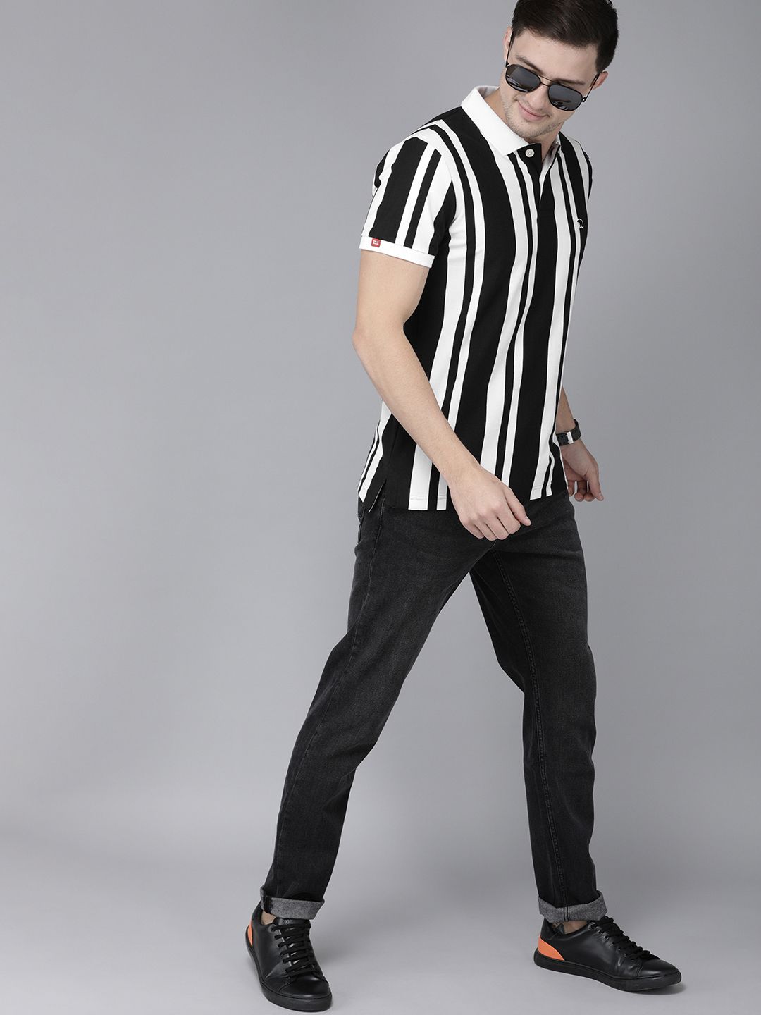 THE BEAR HOUSE Men Black  White Striped Polo Collar Slim Fit Pure Cotton T-shirt