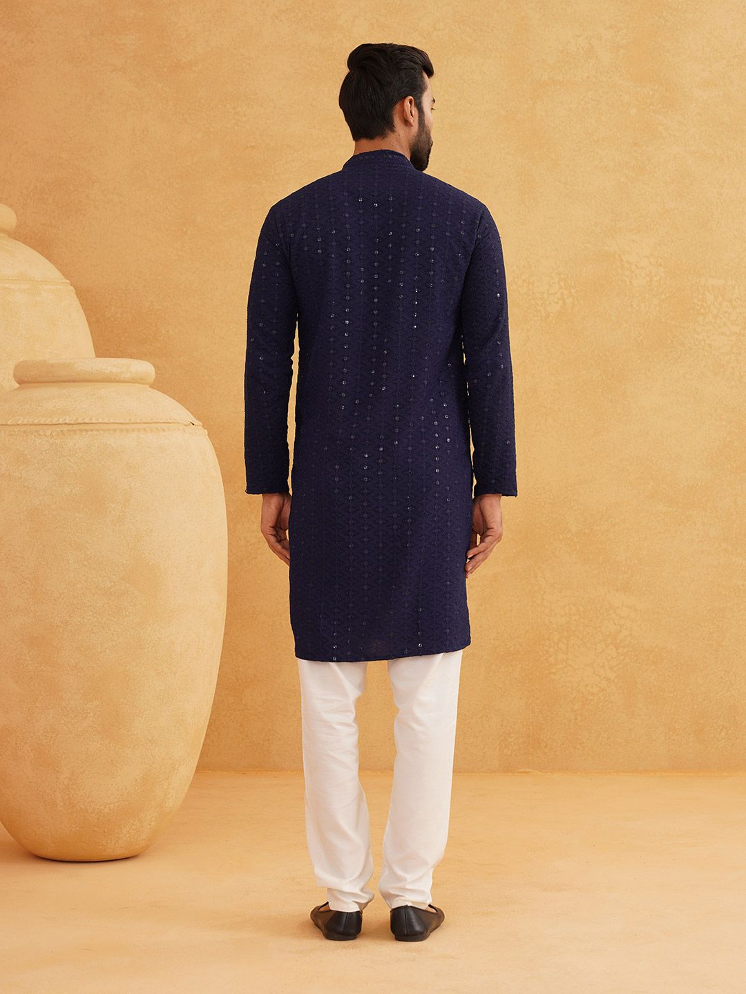 SOJANYA Geometric Embroidered Mandarin Collar Long Sleeves Pure Cotton Kurta With Churidar
