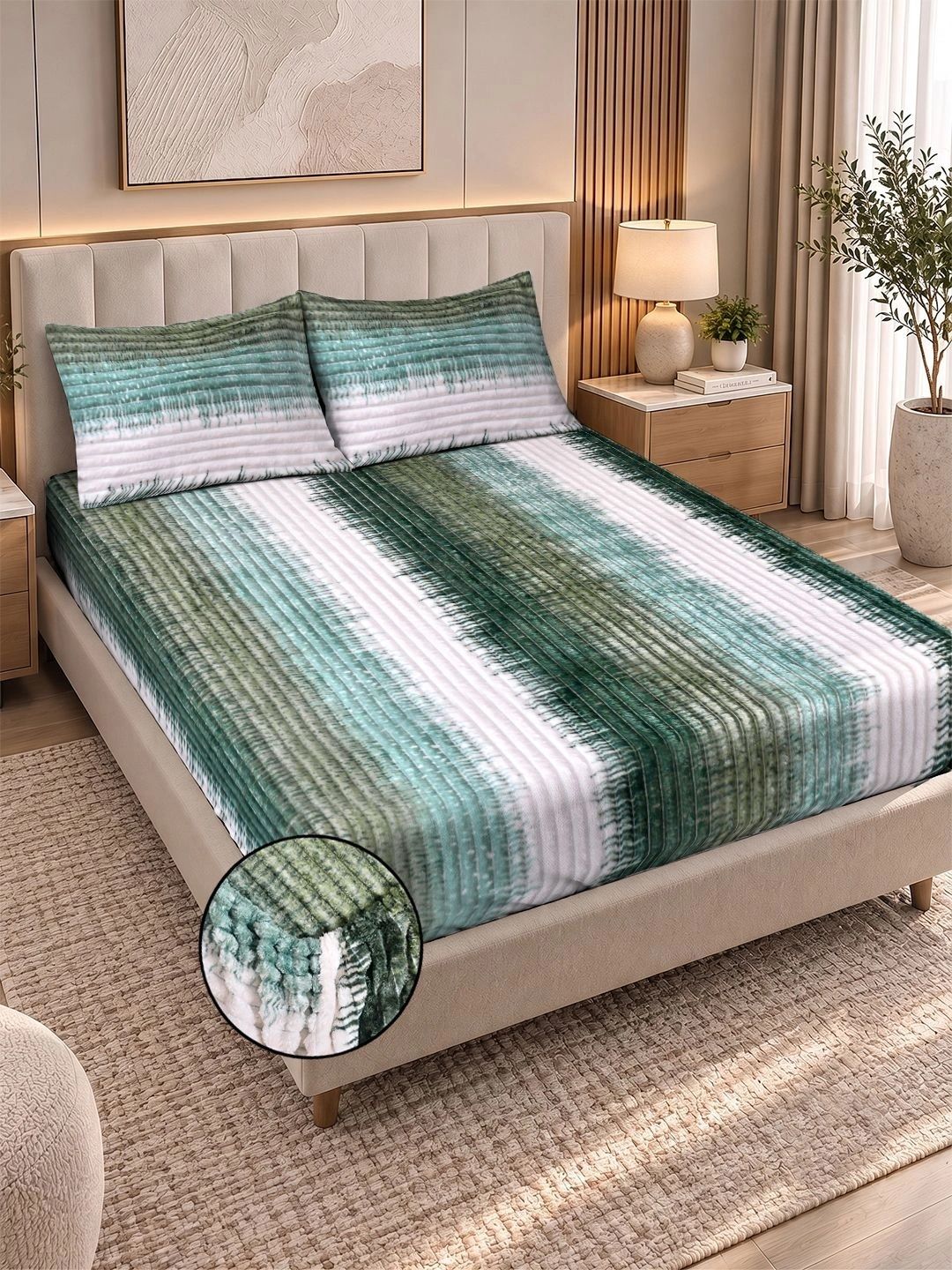 KLOTTHE Green & White Striped 300 TC King Bedsheet with 2 Pillow Covers