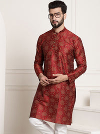 SOJANYA Floral Woven Design Mandarin Collar Silk Cotton Kurta