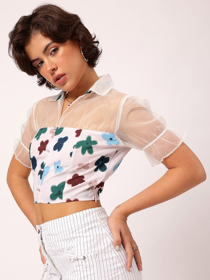 DressBerry Bold Sheer Floral Printed Shirt Style Net Detail Crop Top