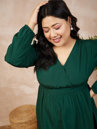 Berrylush Curve Plus Size Green Puff Sleeves Smocked Empire Dress