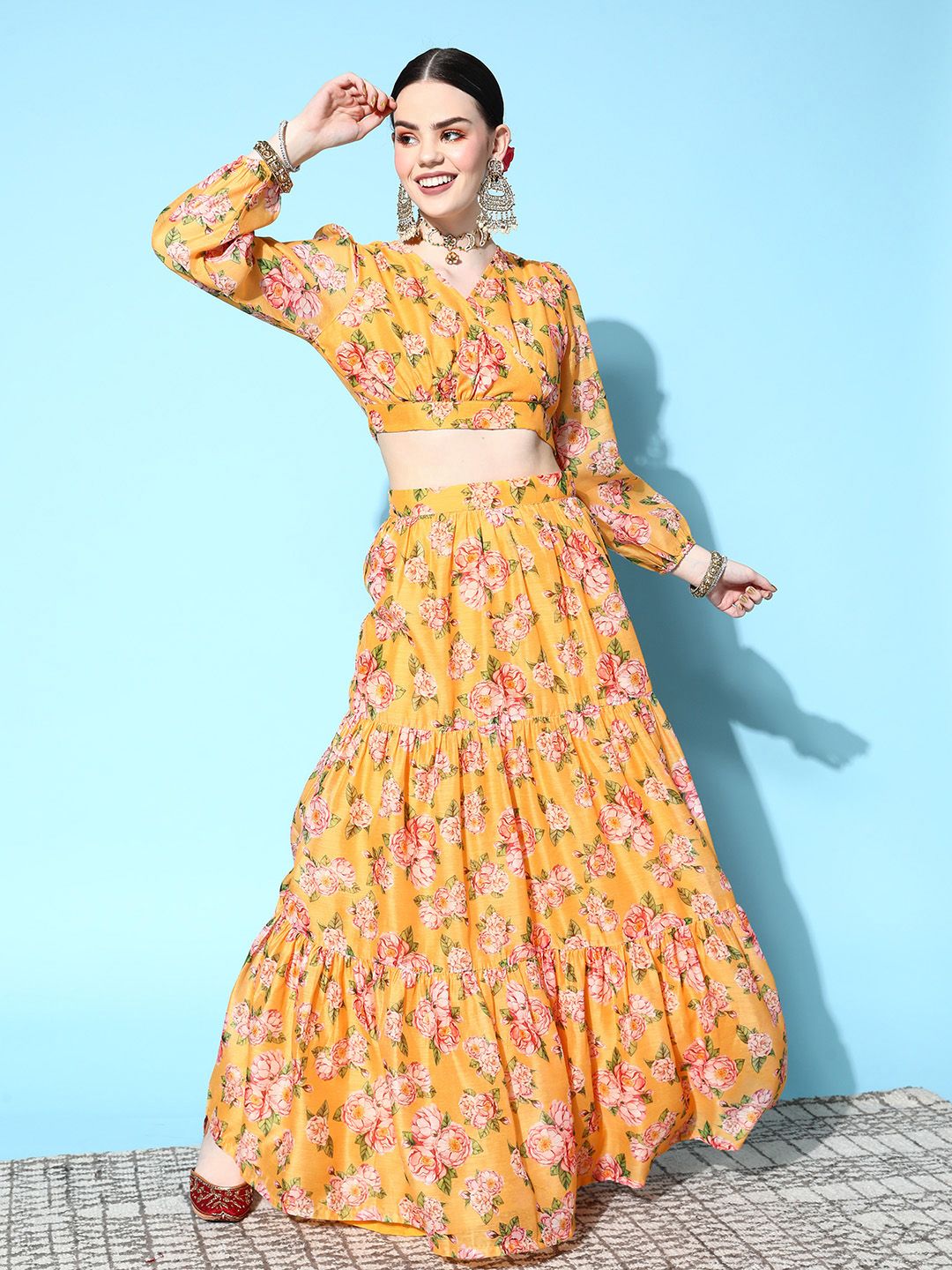 Shae by SASSAFRAS Women Yellow & Green Printed Ready to Wear Lehenga Choli