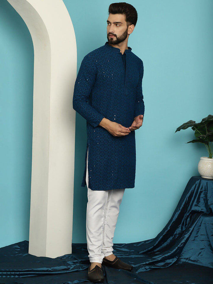 SOJANYA Ethnic Motifs Embroidered Regular Sequined Pure Cotton Kurta With Churidar