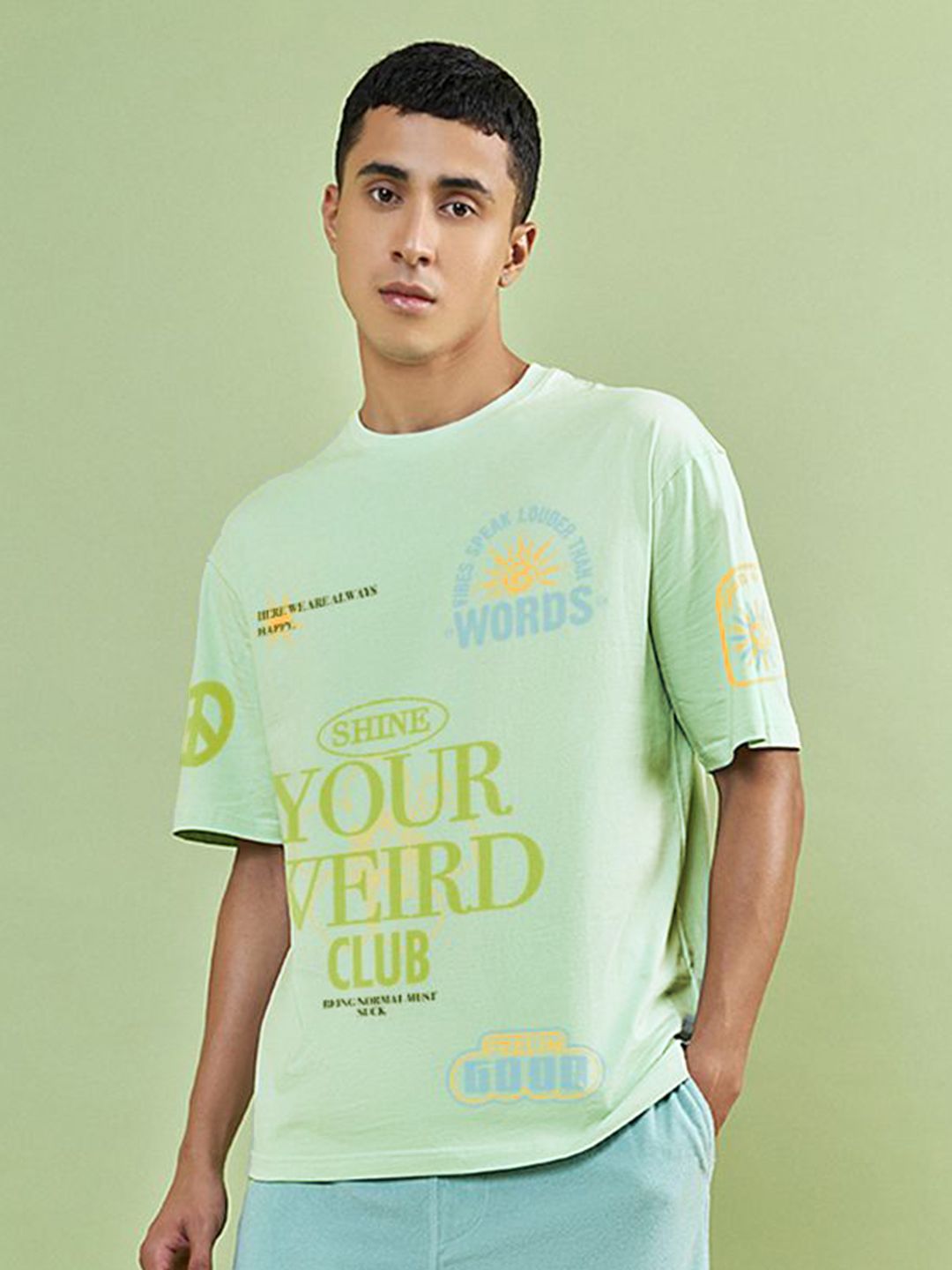 Bewakoof Men Typography Printed Round Neck Pure Cotton Oversized T-Shirt