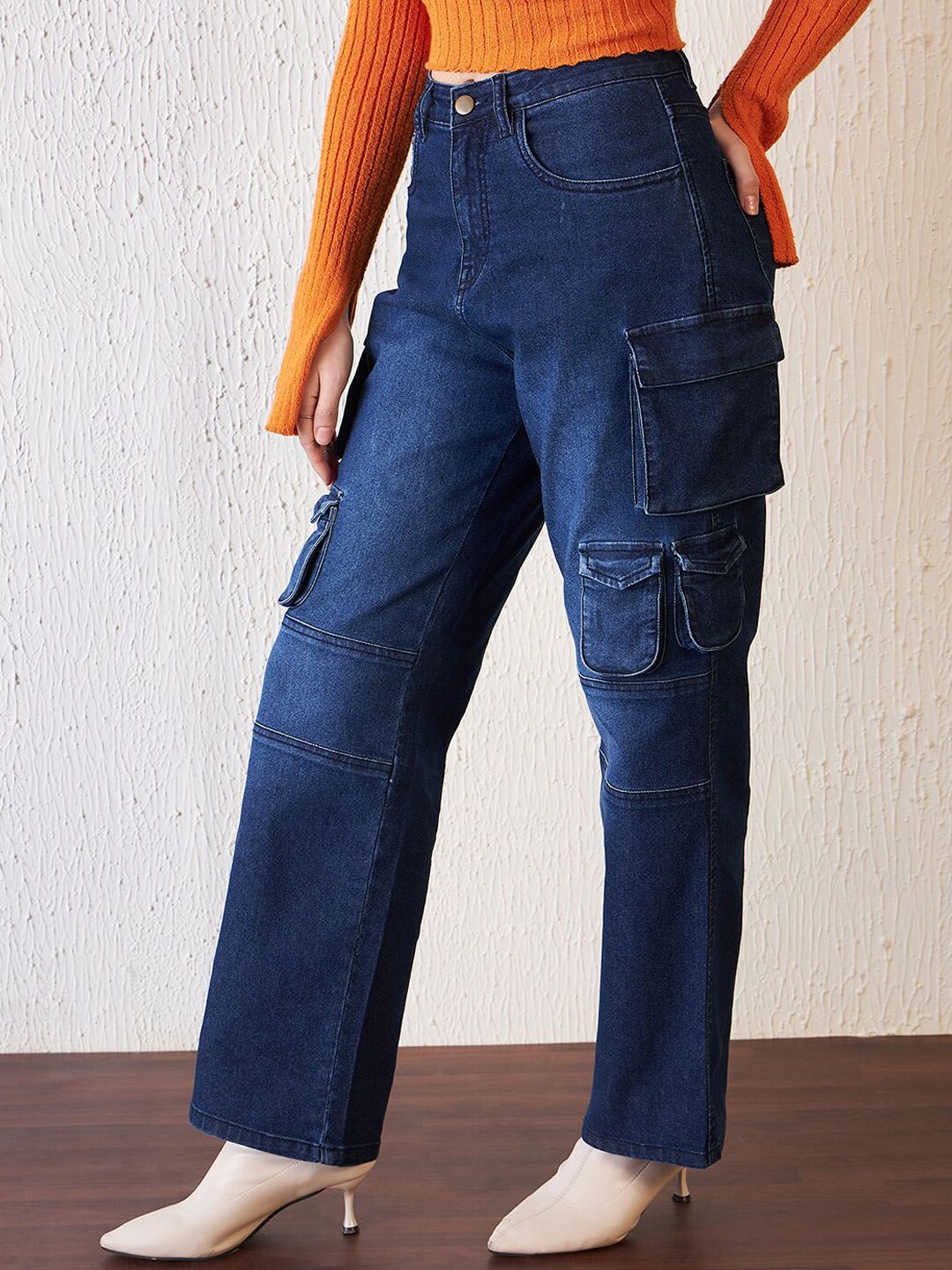Antheaa Women Blue Comfort Relaxed Fit High-Rise Clean Look Stretchable Denim Cargo